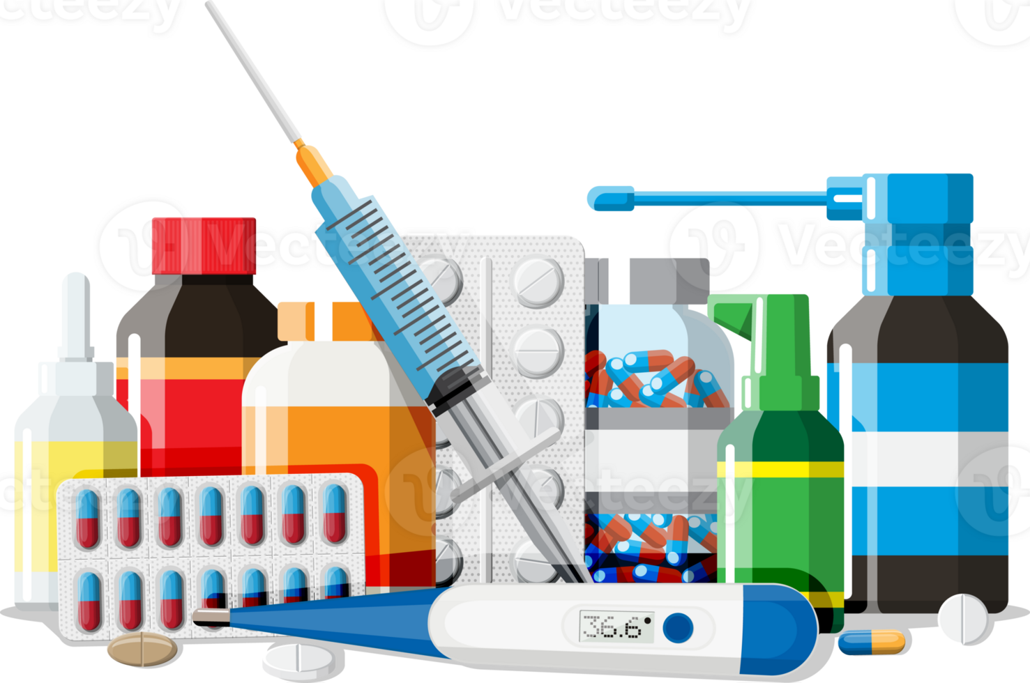 Set of bottles, tablets, pills, capsules and spray png