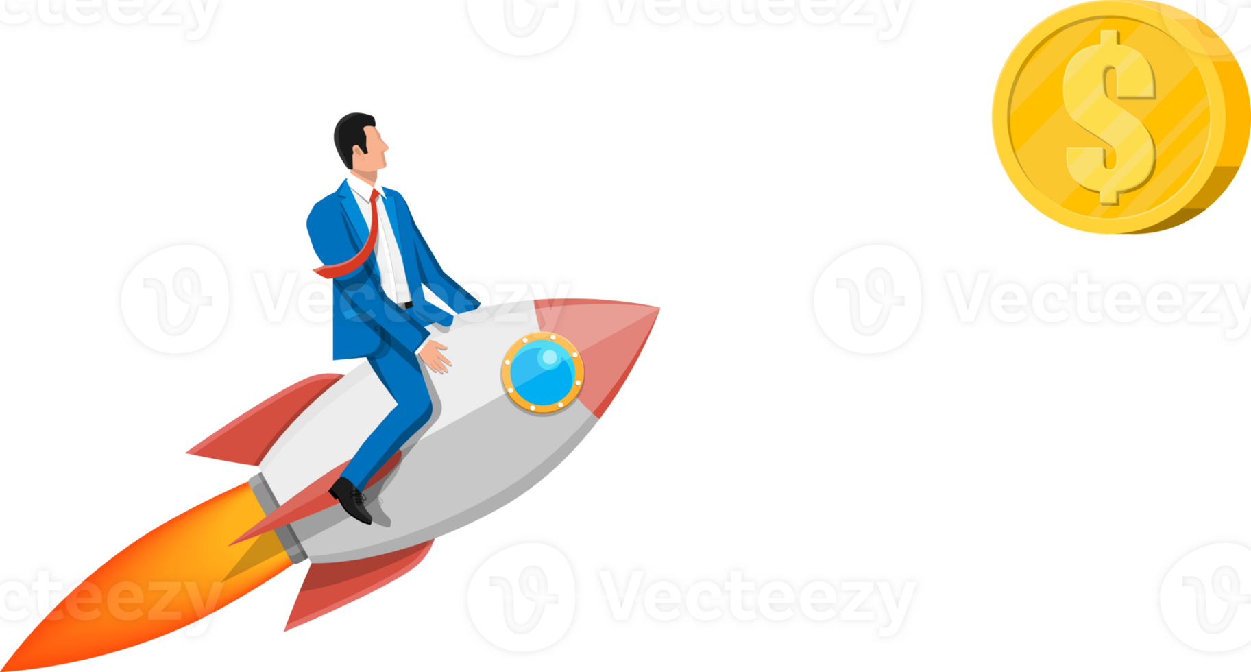 Successful business man flying on rocket on graph png