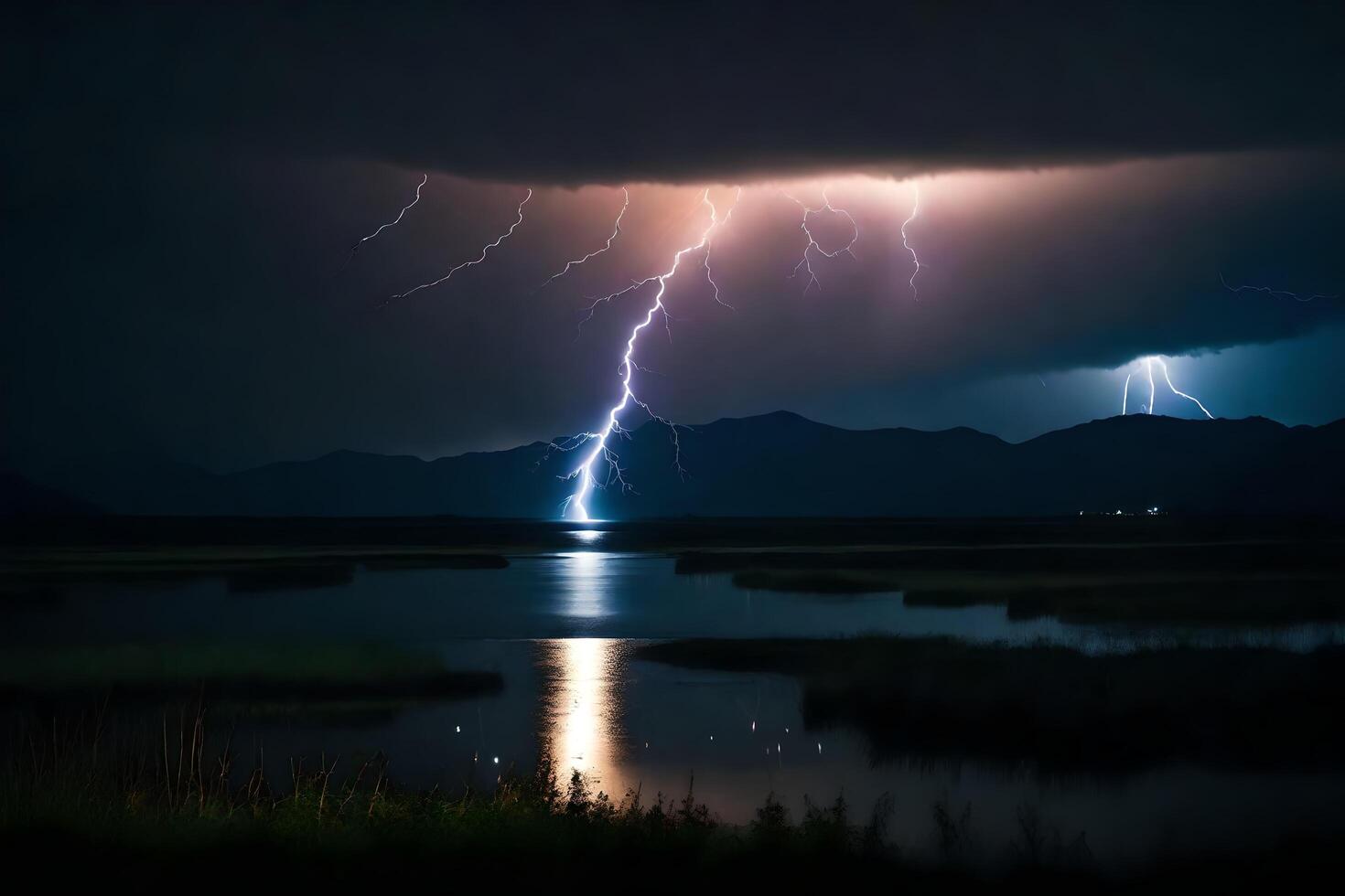 AI generated lightning strikes over a lake and mountains photo