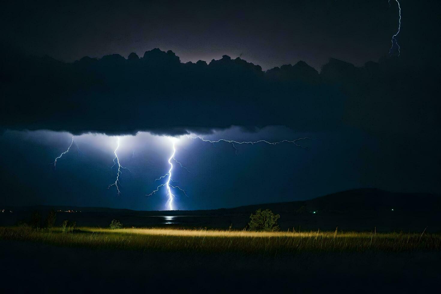 AI generated lightning strikes over a field and a lake photo