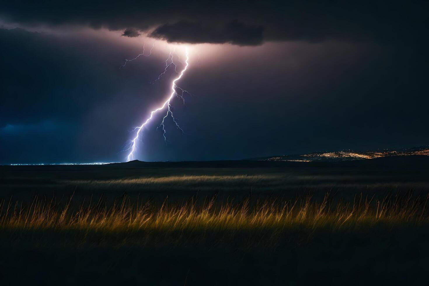 AI generated a lightning bolt strikes through the sky over a field photo