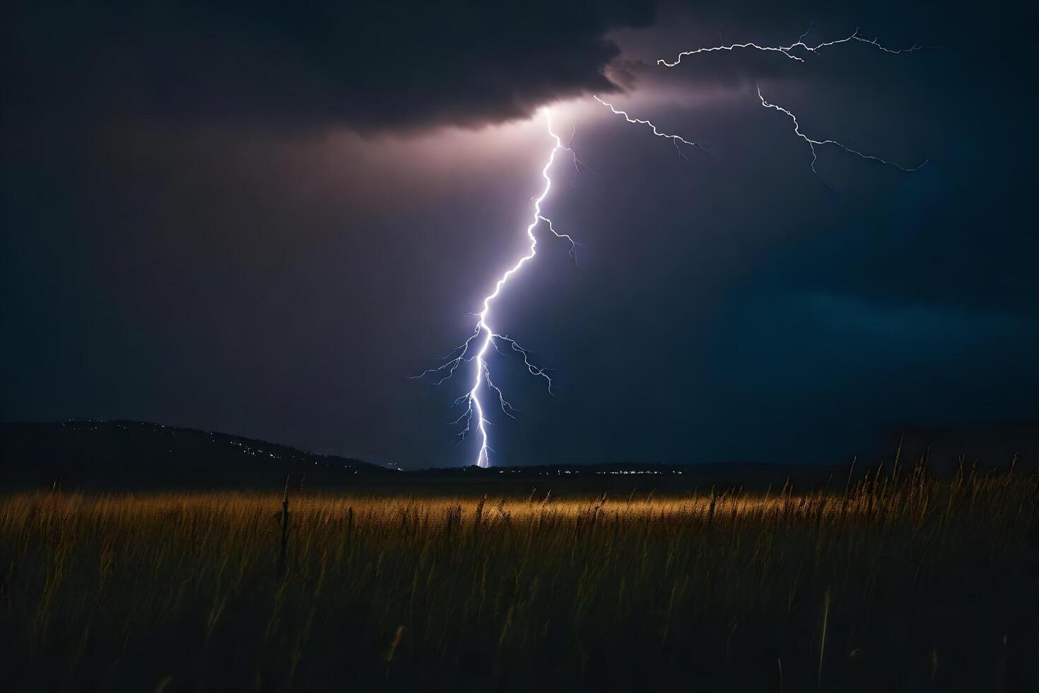 AI generated a lightning bolt strikes through the sky over a field photo