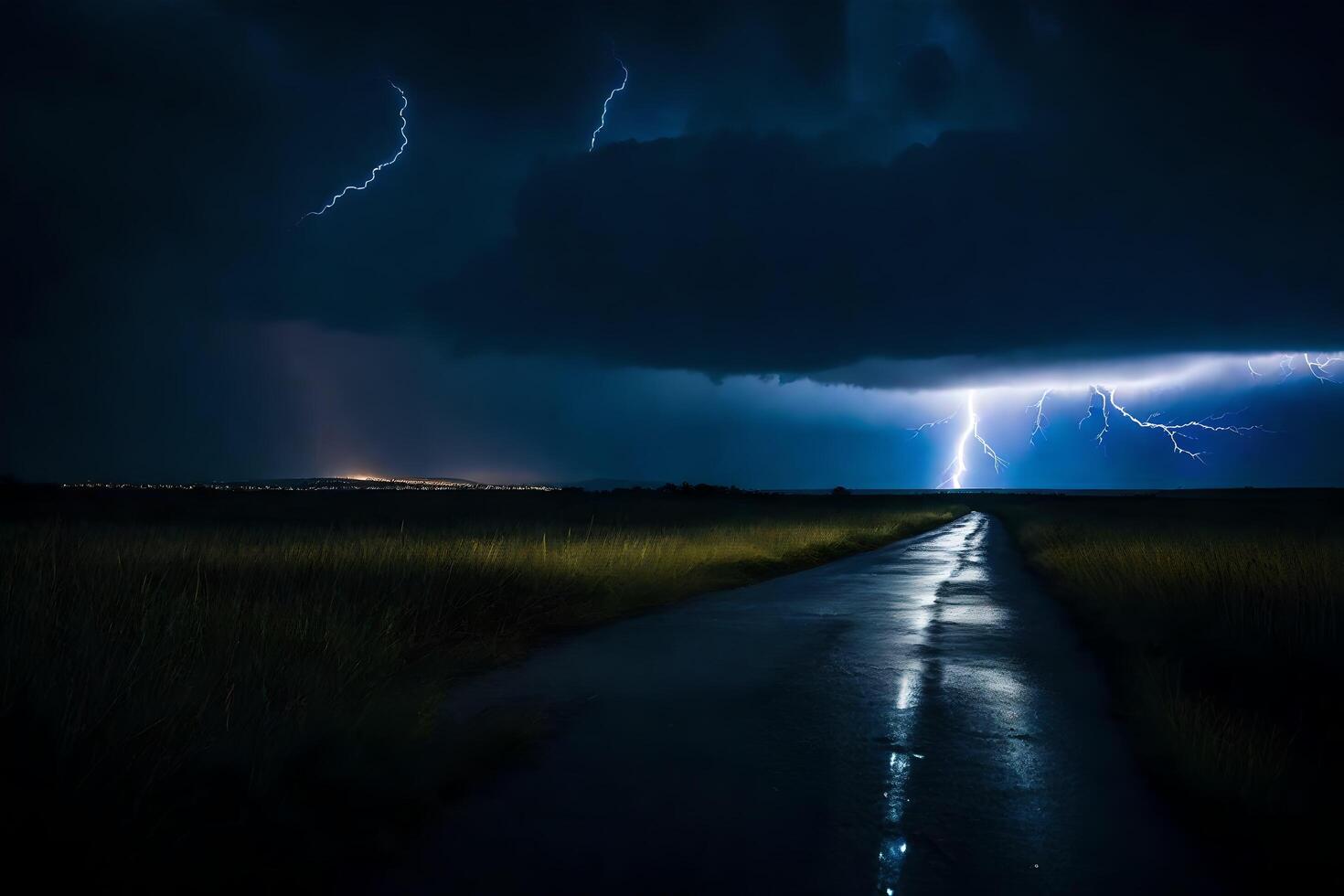 AI generated a road with lightning and a storm in the background photo