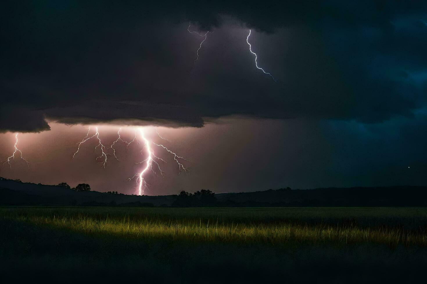 AI generated lightning strikes over a field in the dark photo