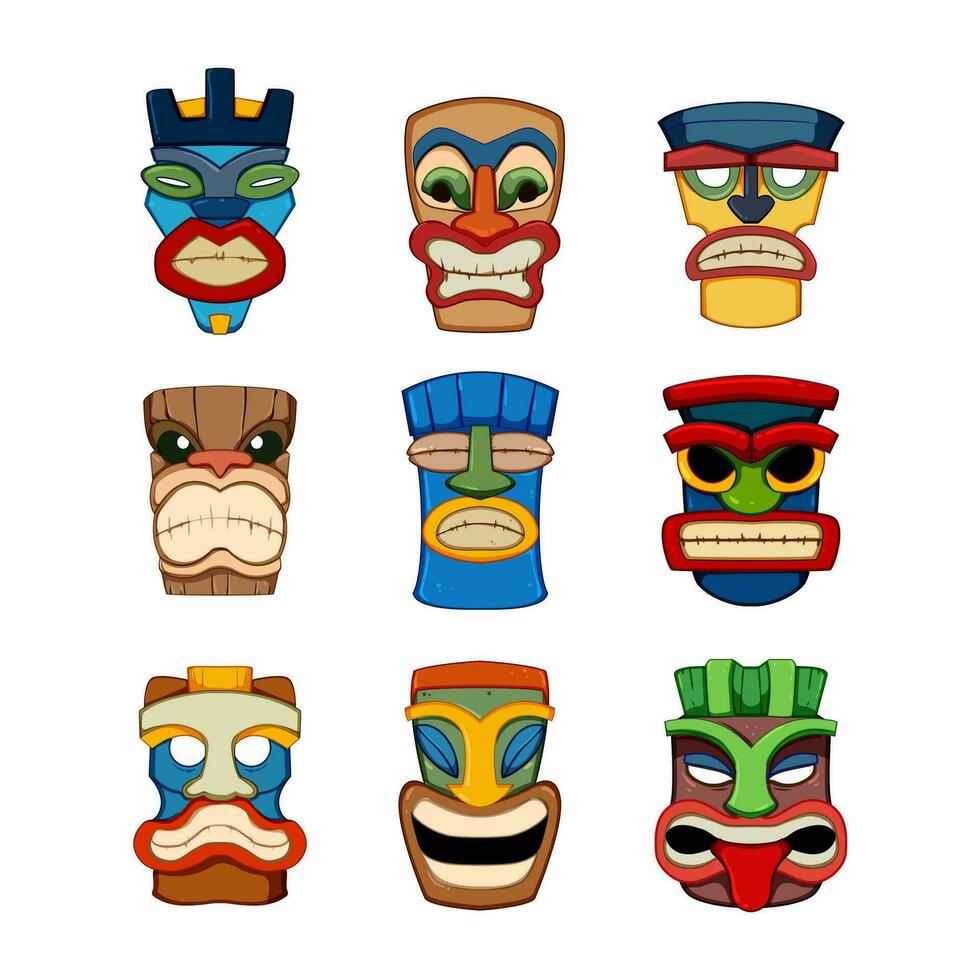 tiki máscara conjunto dibujos animados vector ilustración