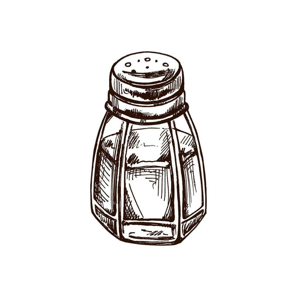 Hand-drawn sketch of glass salt shaker with metal lid. Vintage drawing of salt shaker. Vector black ink outline food sketch illustration. Food, cuisine. An illustration for the menu.