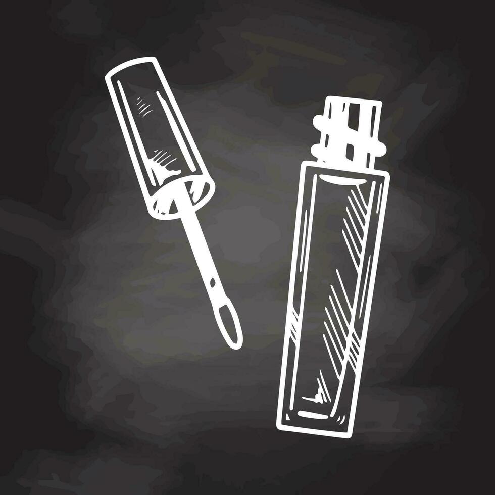 Hand-drawn lip gloss, liquid lipstick or liquid eye shadow, beauty cosmetic element, self care. Illustration for beauty salon, makeup design on chalkboard background. Doodle sketch style. vector