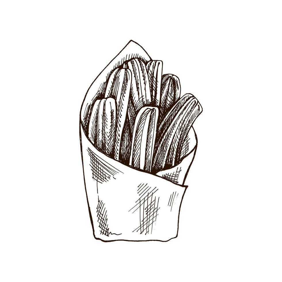 dibujado a mano bosquejo de churos. Clásico dibujo de mexicano postre. vector negro tinta contorno comida ilustración. mexicano alimento, cocina. un ilustración para el menú. latín America.