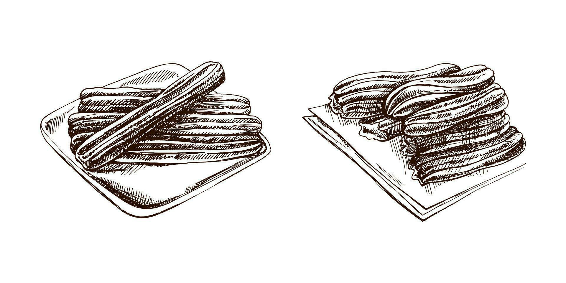 Hand-drawn set of churos in sketch style. Vintage drawing of Mexican dessert. Vector black ink outline food illustration. Mexican food, cuisine. An illustration for the menu. Latin America.