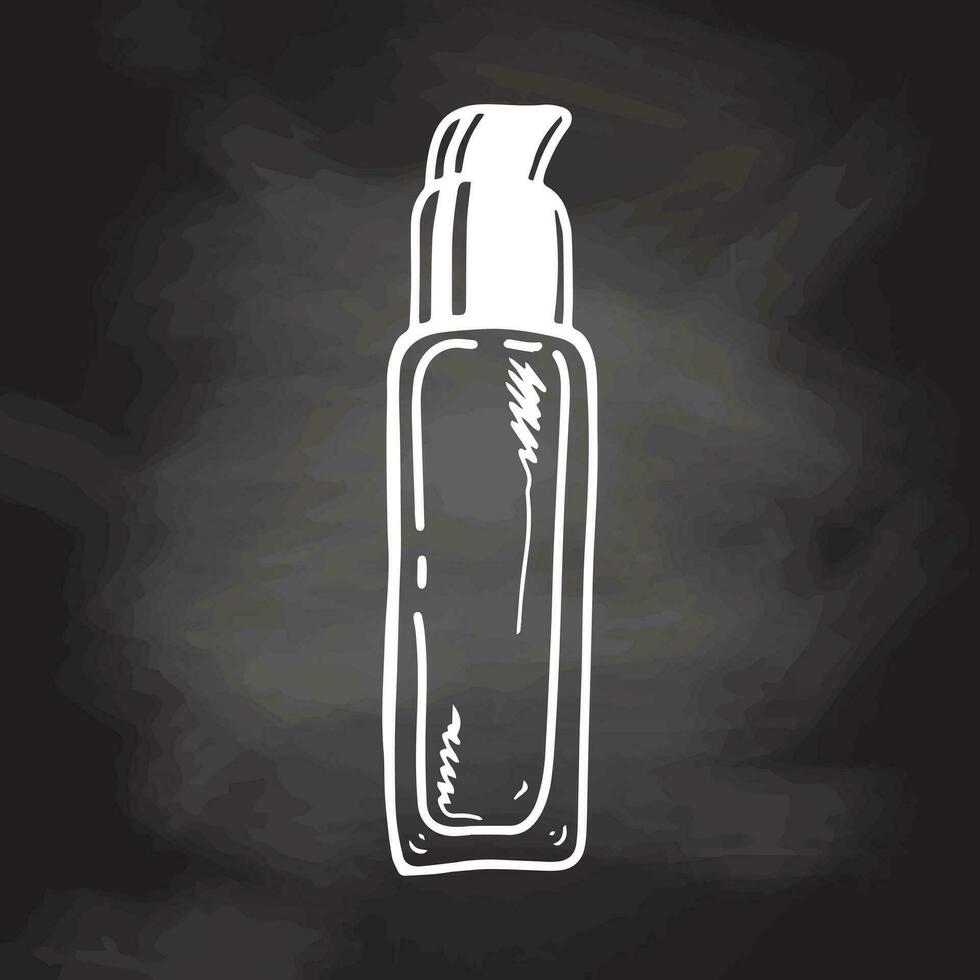 dibujado a mano botella de crema con dispensador, belleza cosmético elemento, yo cuidado. ilustración para belleza salón, cosmético almacenar, maquillaje diseño en pizarra antecedentes. garabatear bosquejo estilo. vector