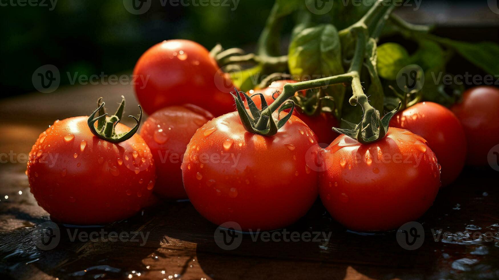 AI generated a bunch of tomatoes on a wooden table photo