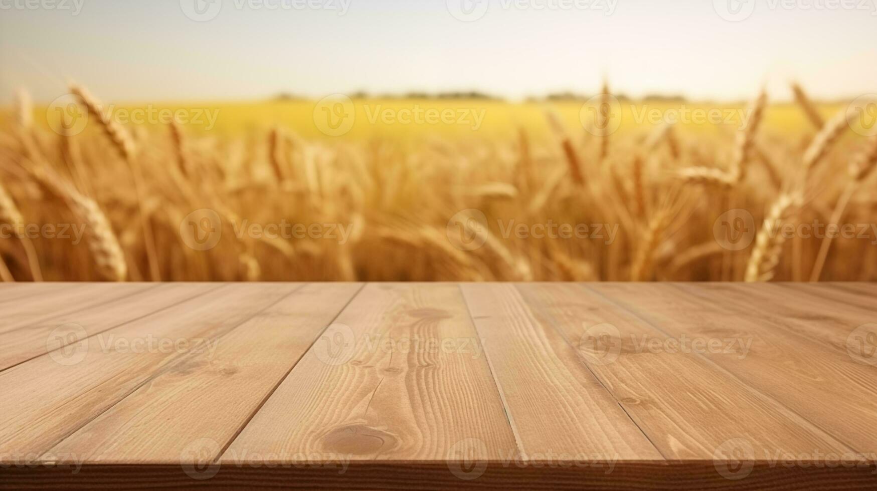 AI generated empty wooden table in front of wheat field photo