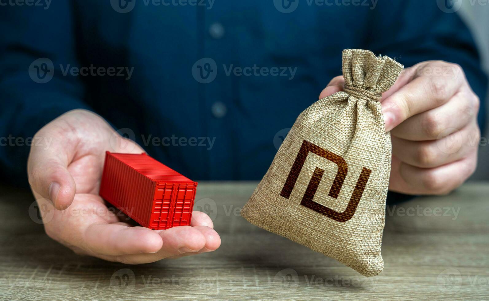 Ship container and israeli shekel money bag. Trade and delivery. Distribution logistics worldwide. Transportation and freight of goods and cargo through ports or overland routes. photo