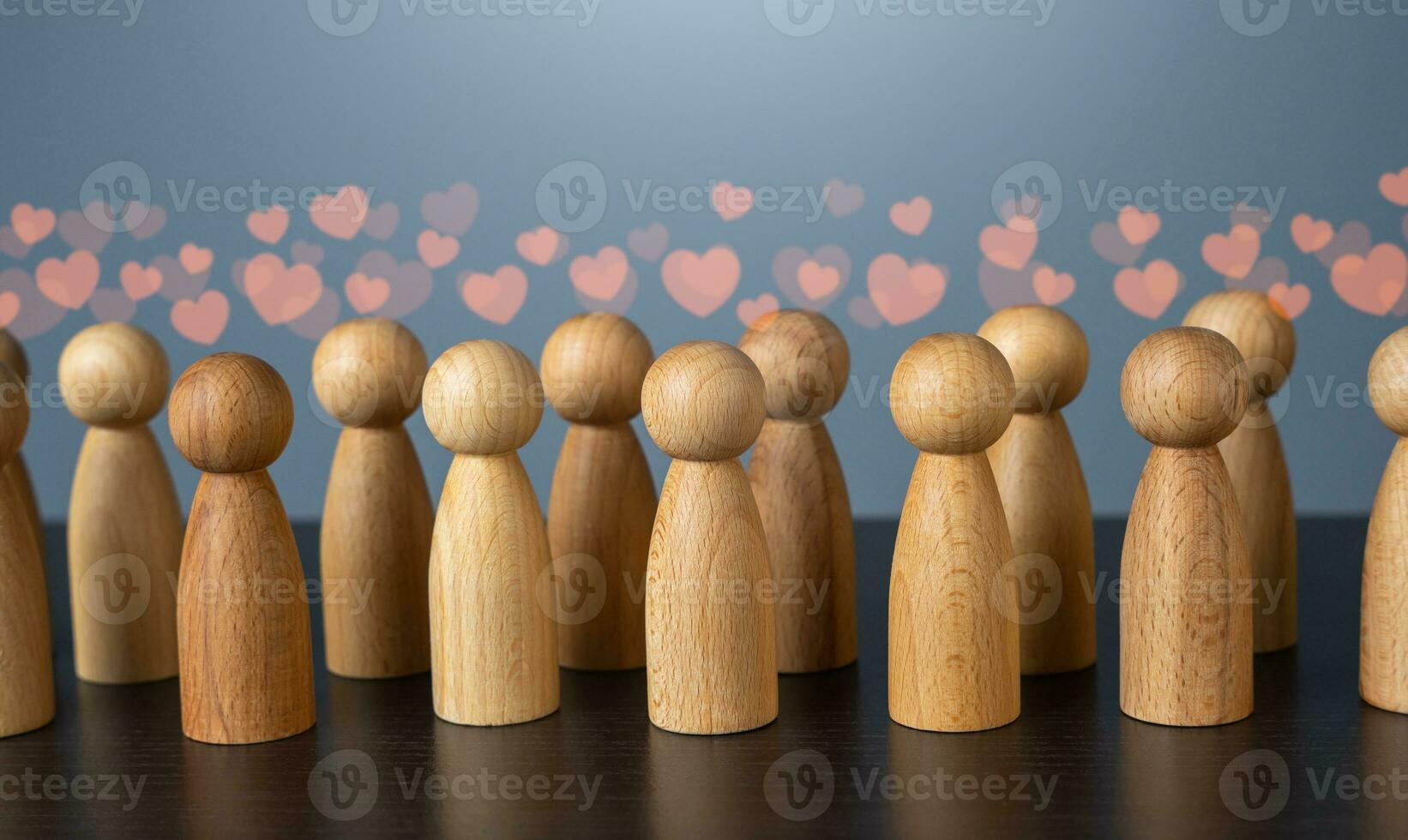 Crowd of people with hearts above their heads, concept with figures. Likes and shares. Followers and social networks. Fans. Influencing online interactions and perceptions. Positive crowd sentiments. photo