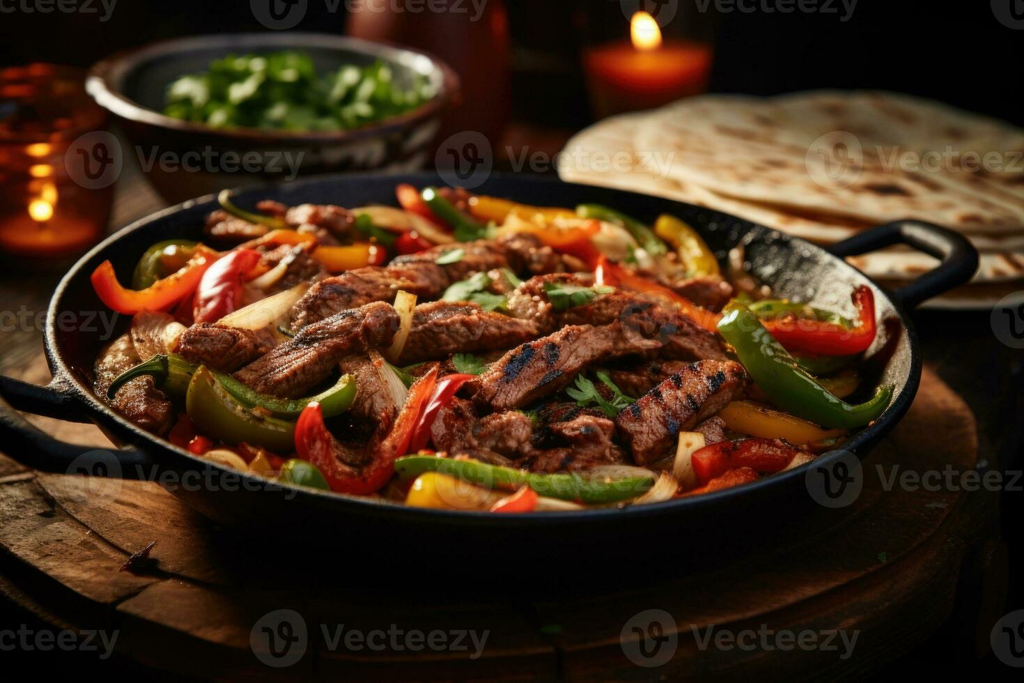 ai generado un Disparo de un candente sartén lleno con fajitas, acompañado por salteado pimientos, cebollas, y calentar tortillas. generativo ai foto