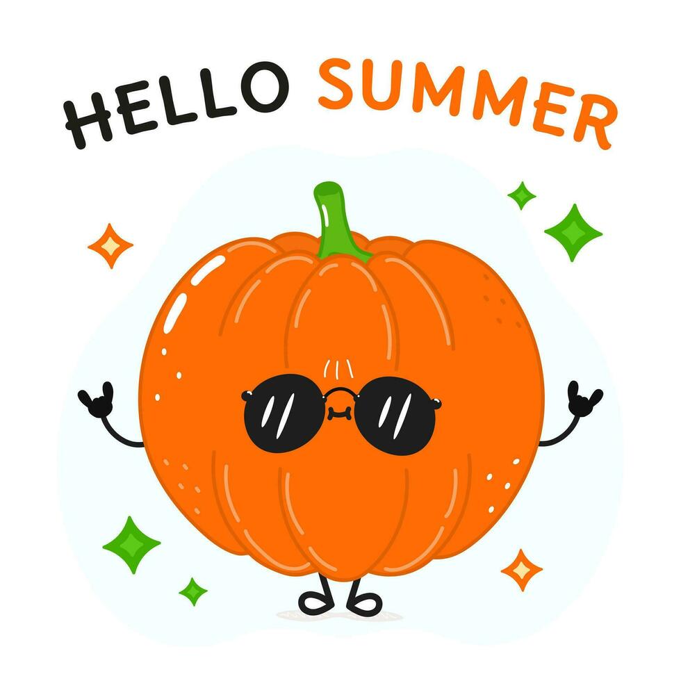 Pumpkin character. Hello summer card. Vector hand drawn cartoon kawaii character illustration icon. Isolated on white background Pumpkin character concept