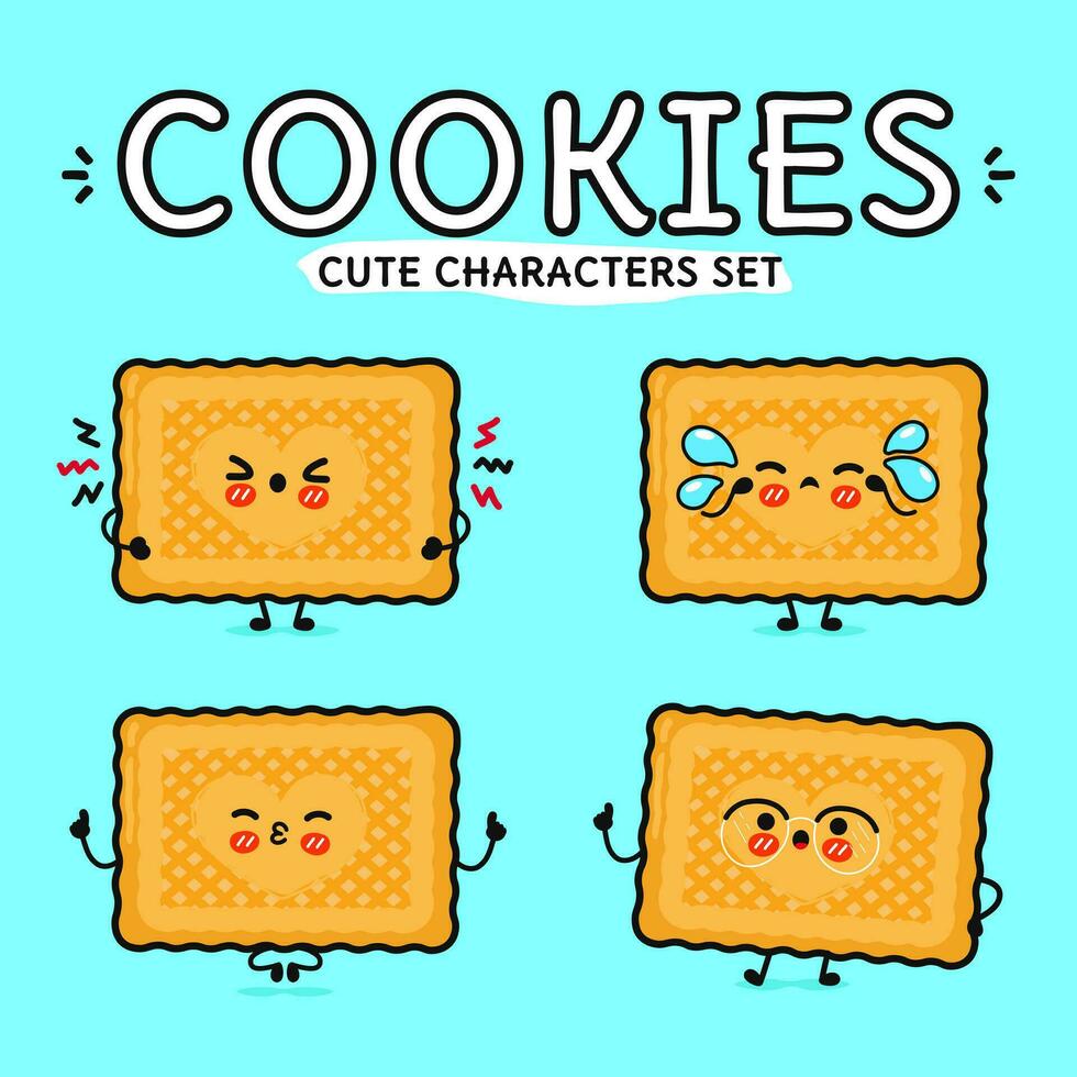 Funny cute happy cookies characters bundle set. Vector hand drawn doodle style cartoon character. Isolated on blue background. Cookies character collection