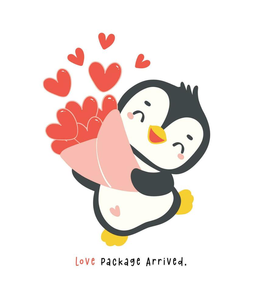 Cute penguin Valentine with red hearts bouquet cartoon drawing, Kawaii animal character illustration. vector