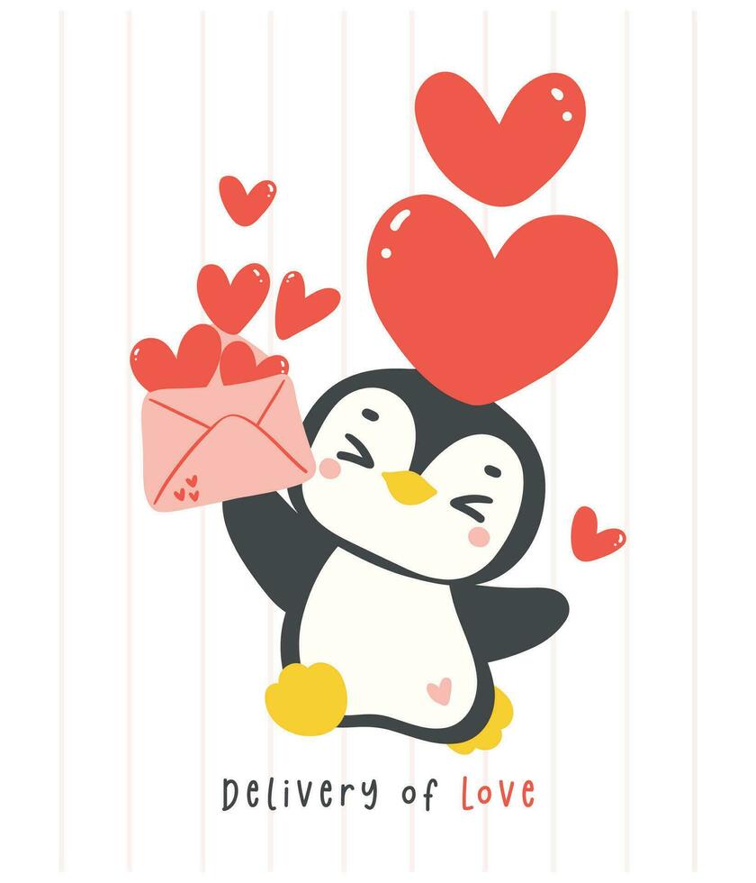 Cute penguin Valentine with love mail cartoon drawing, Kawaii animal character illustration. vector