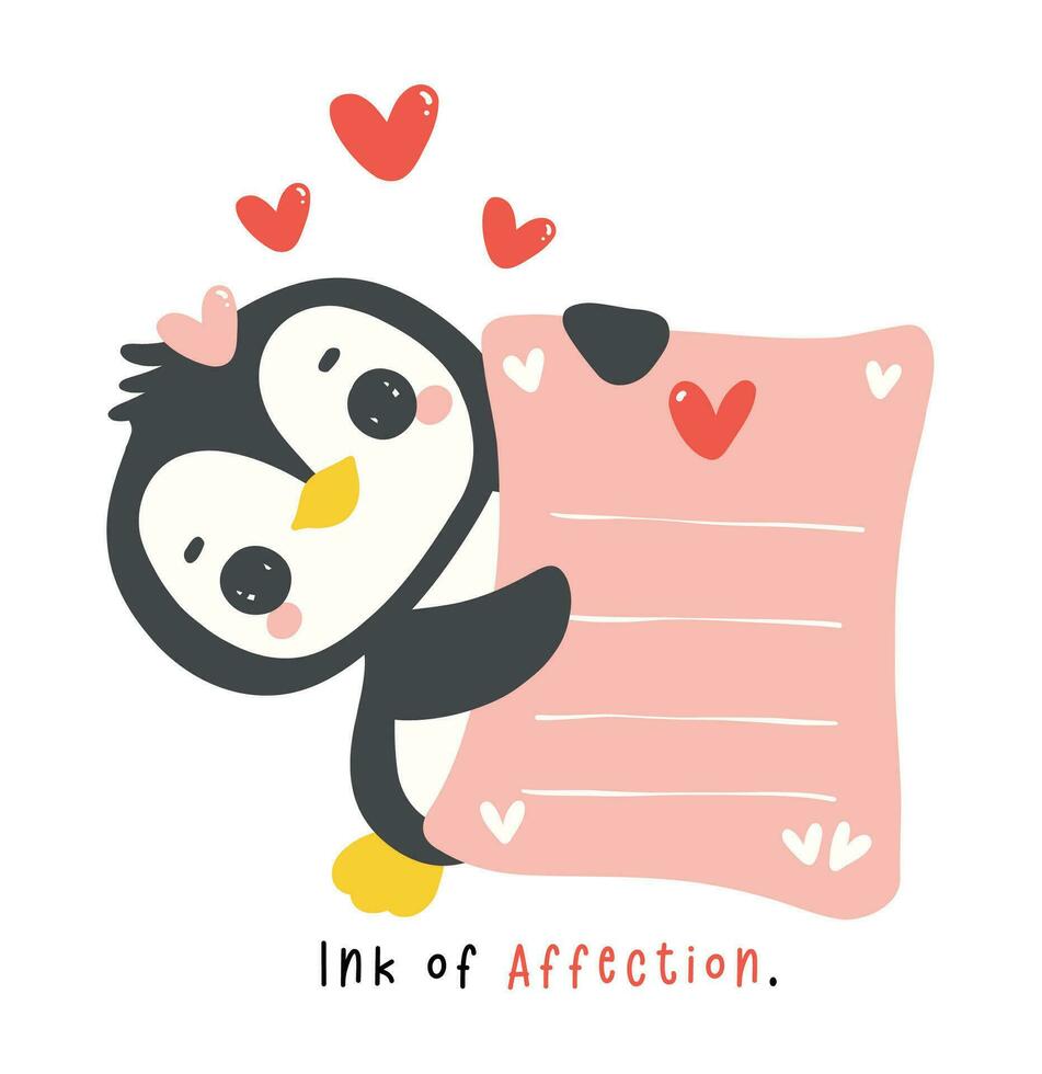 Cute penguin Valentine with love mail cartoon drawing, Kawaii animal character illustration. vector