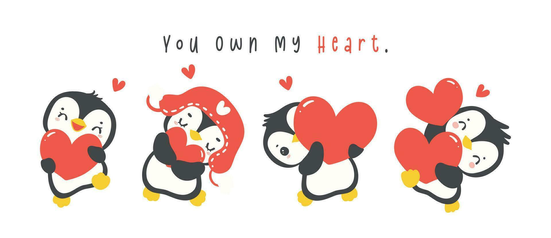 Cute penguins holding heart cartoon drawing, Kawaii Valentine animal character illustration banner. vector