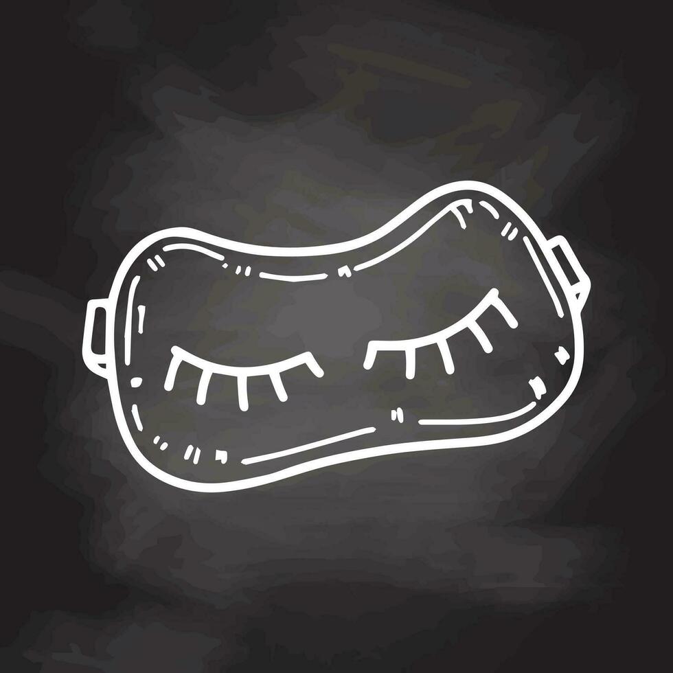 Hand-drawn eye mask for sleeping, beauty cosmetic element, self care, wellness. Doodle sketch style on chalkboard background. vector