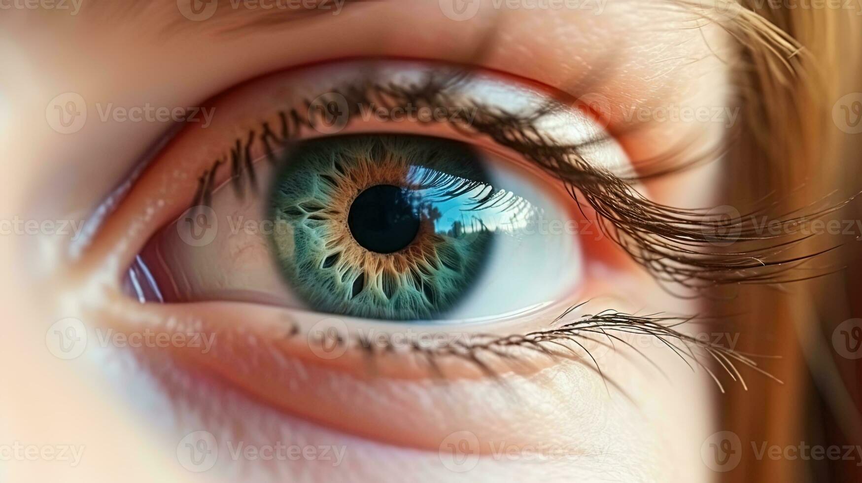 AI generated Children's eyes in the lens close plan of surprised children's eyes photo