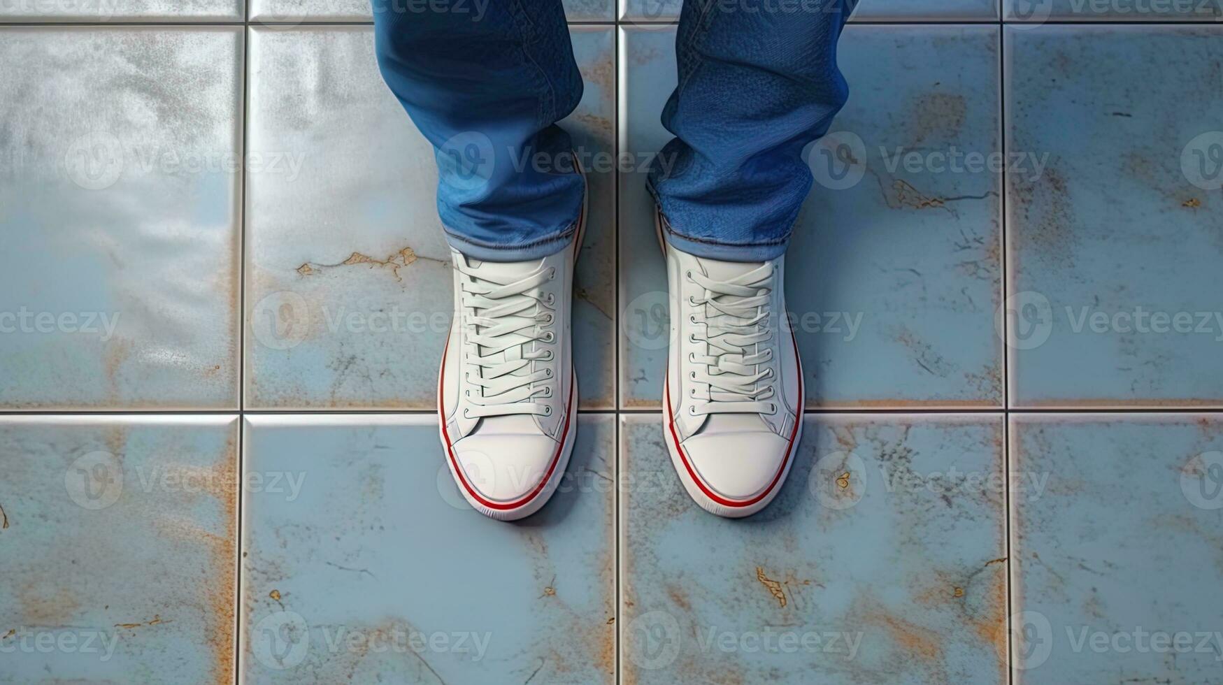 AI generated Legs in jeans and sneakers on tiles showing the cleaning process photo