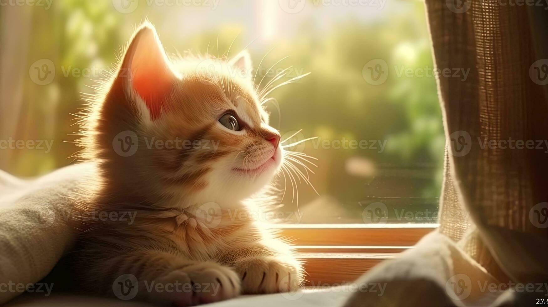 AI generated The moment of rest is a kitten lying on the window and looking outside photo