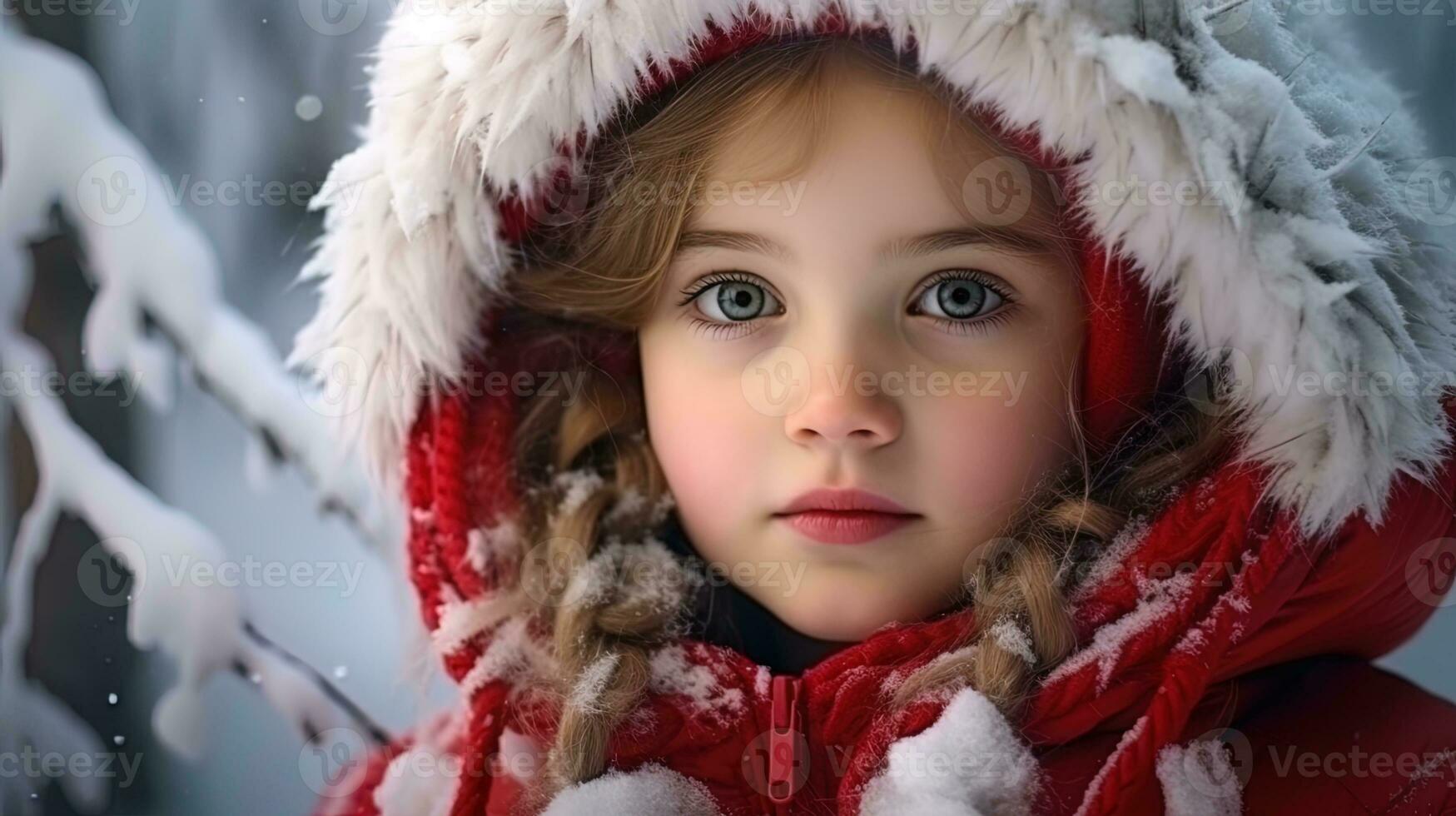 AI generated Winter fairy tale is a portrait of a child with red mittens in the snow forest photo