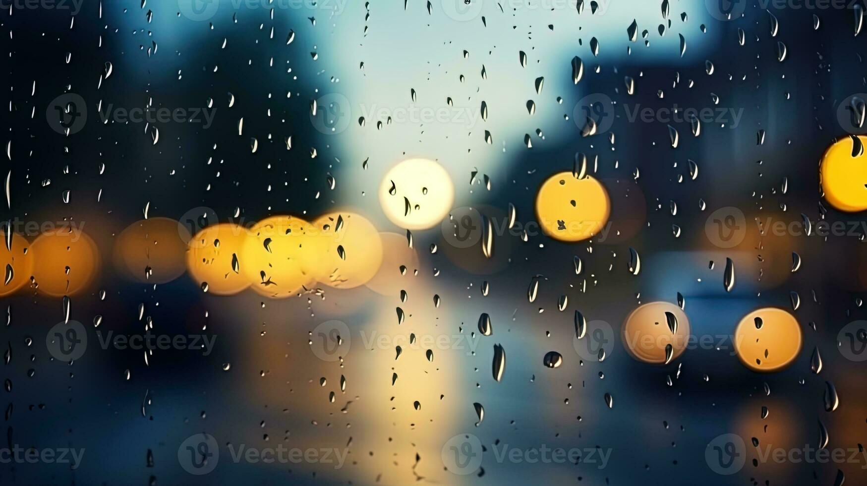 AI generated Through the glass, rain drops on the window with a reflection of street lights photo