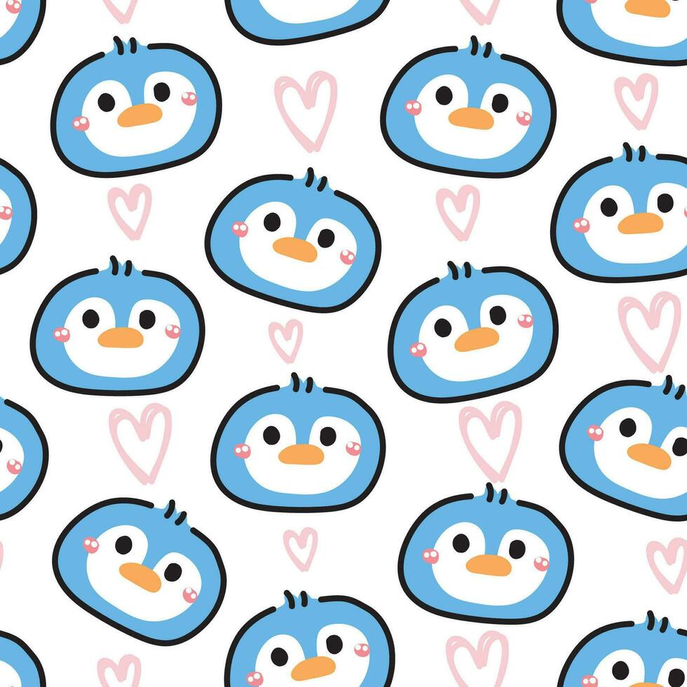 Seamless pattern of cute penguin face with pastel heart on white background.Bird animal character cartoon design.Image for card,baby clothing,print screen.Hand drawn.Kawaii.Vector.Illustration. vector