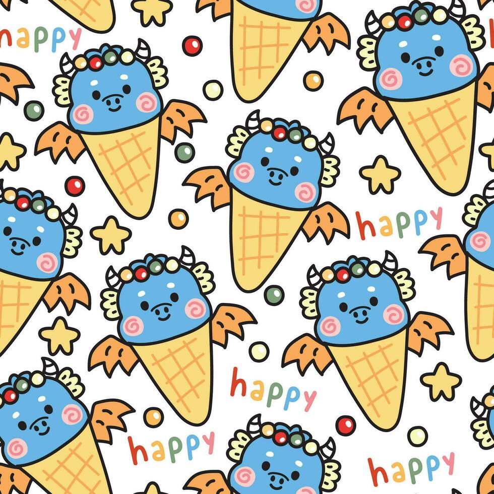 Seamless pattern of cute blue dragon ice cream with candy and happy word on white background.Chinese animal character cartoon design.Zodiac.Sweet and dessert.Kawaii.Vector.Illustration. vector