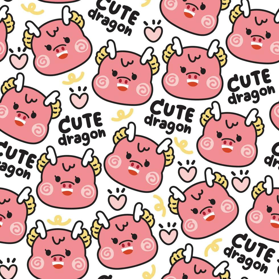 Seamless pattern of cute pink dragon face with word and heart on white background.Chinese animal character cartoon design.Zodiac.Baby clothing.Kawaii.Vector.Illustration. vector