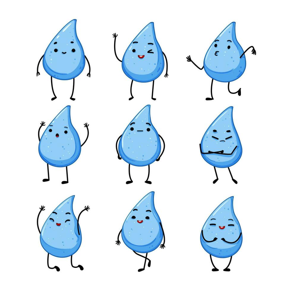 water drop character set cartoon vector illustration