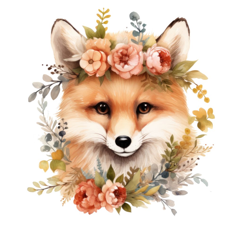 AI generated a little fox wearing flowers in a wreath png