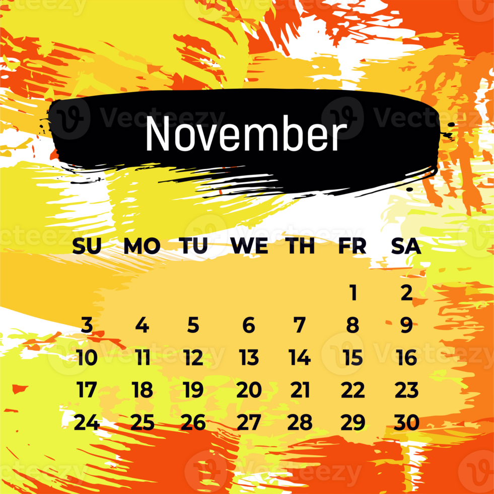 Page for november 2024 year. Square calendar planner for a month. Orange background. Design template for layout png