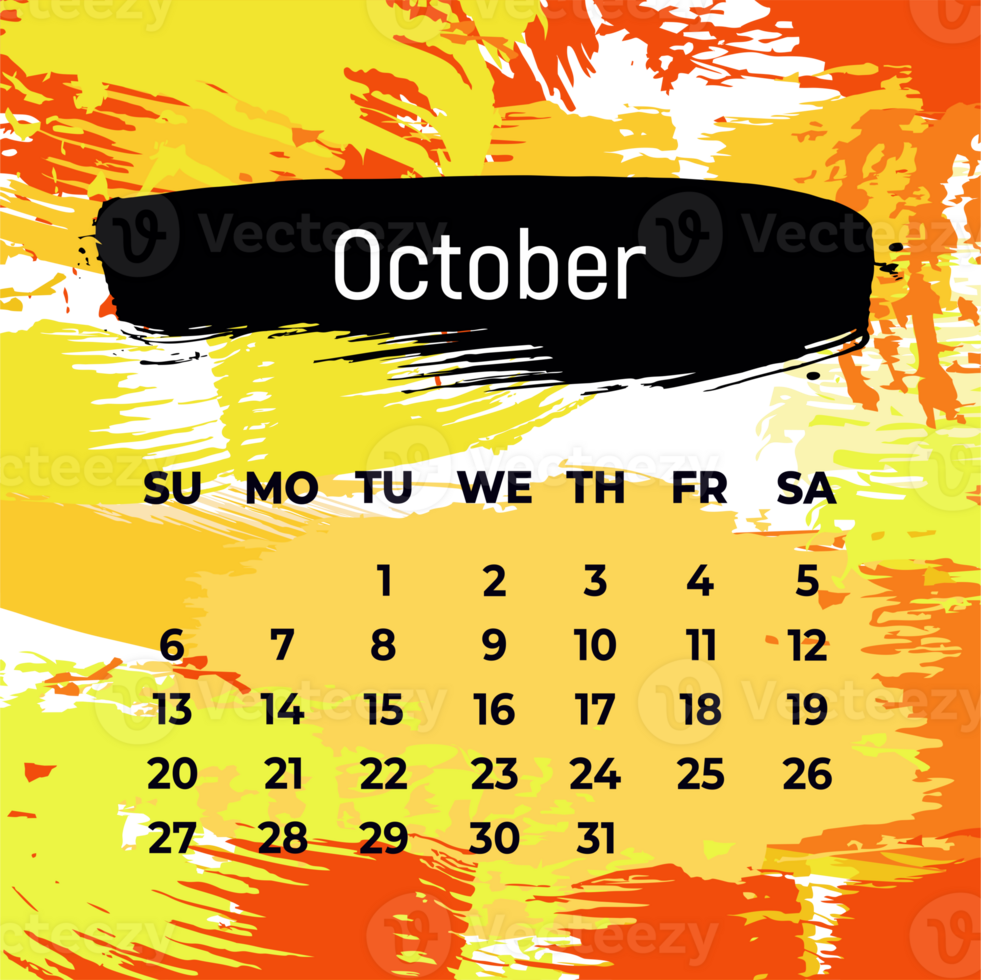 Page for october 2024 year. Square calendar planner for a month. Orange yellow background. Design template for layout png