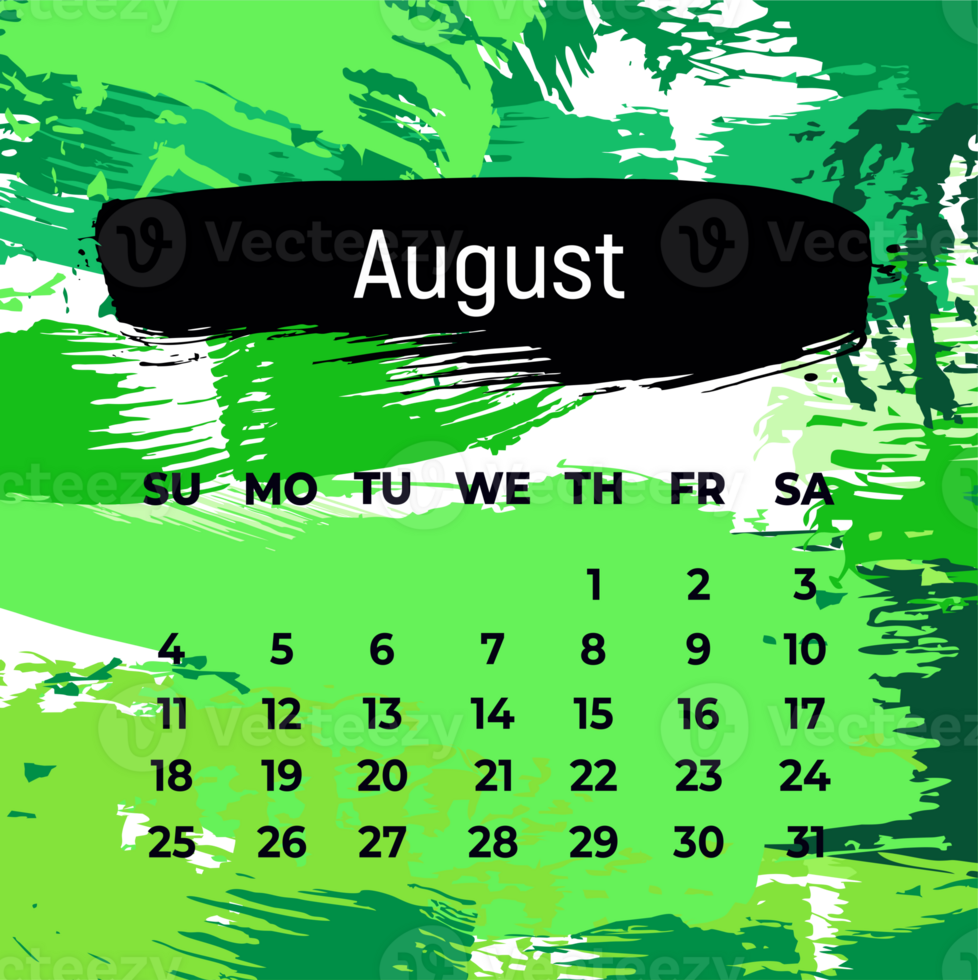 Page for august 2024 year. Square calendar planner for a month. Green background. Design template for layout png