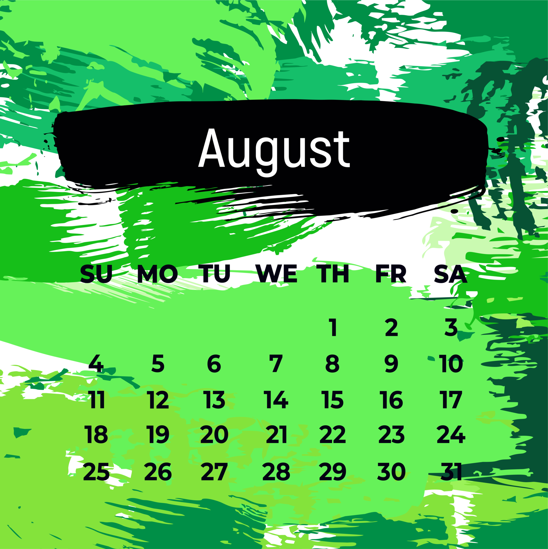 Page for august 2024 year. Square calendar planner for a month. Green