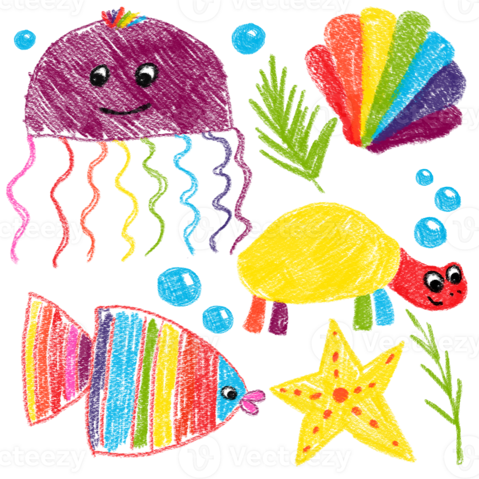 Set of hand drawn ocean animals. Sea children's turtle, jellyfish, fish, starfish, shell, algae, bubbles. Kid's drawings using pencil technique. png