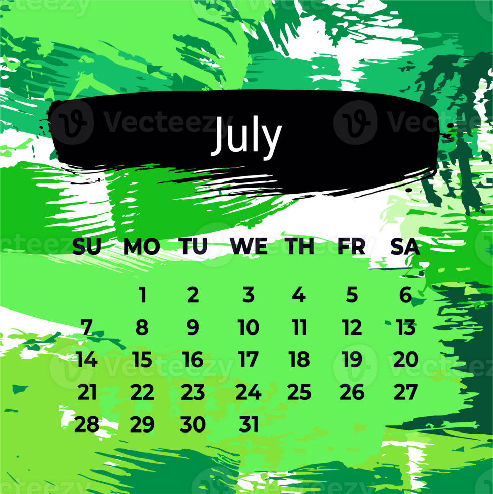 Page for july 2024 year. Square calendar planner for a month. Green background. Design template for layout png