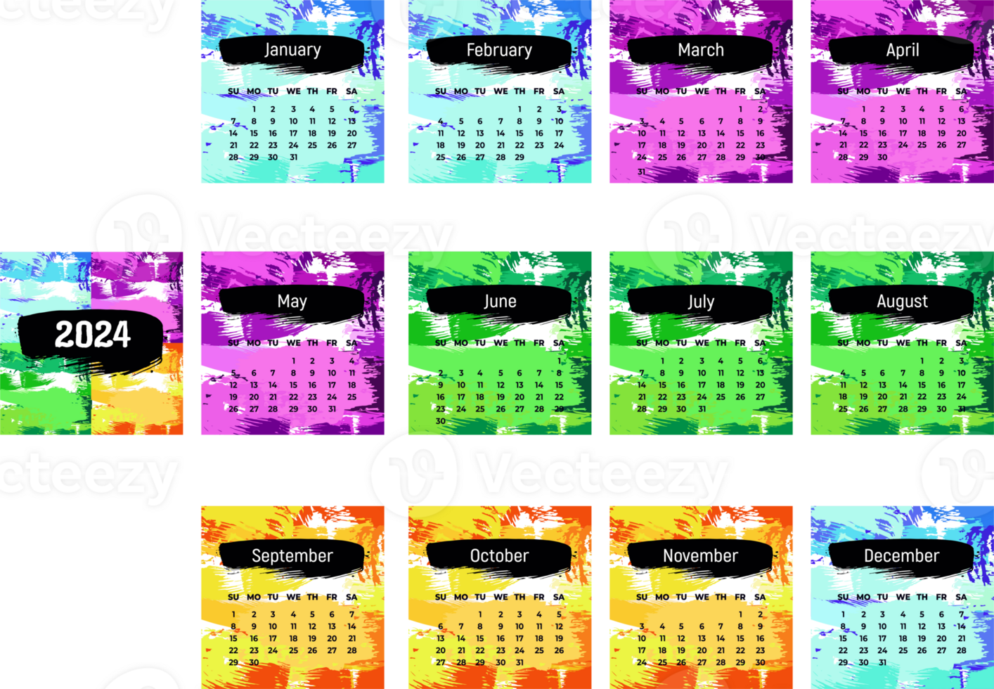 Set of pages for 2024 new year. Square calendar planner for month. Color background. Template for design png