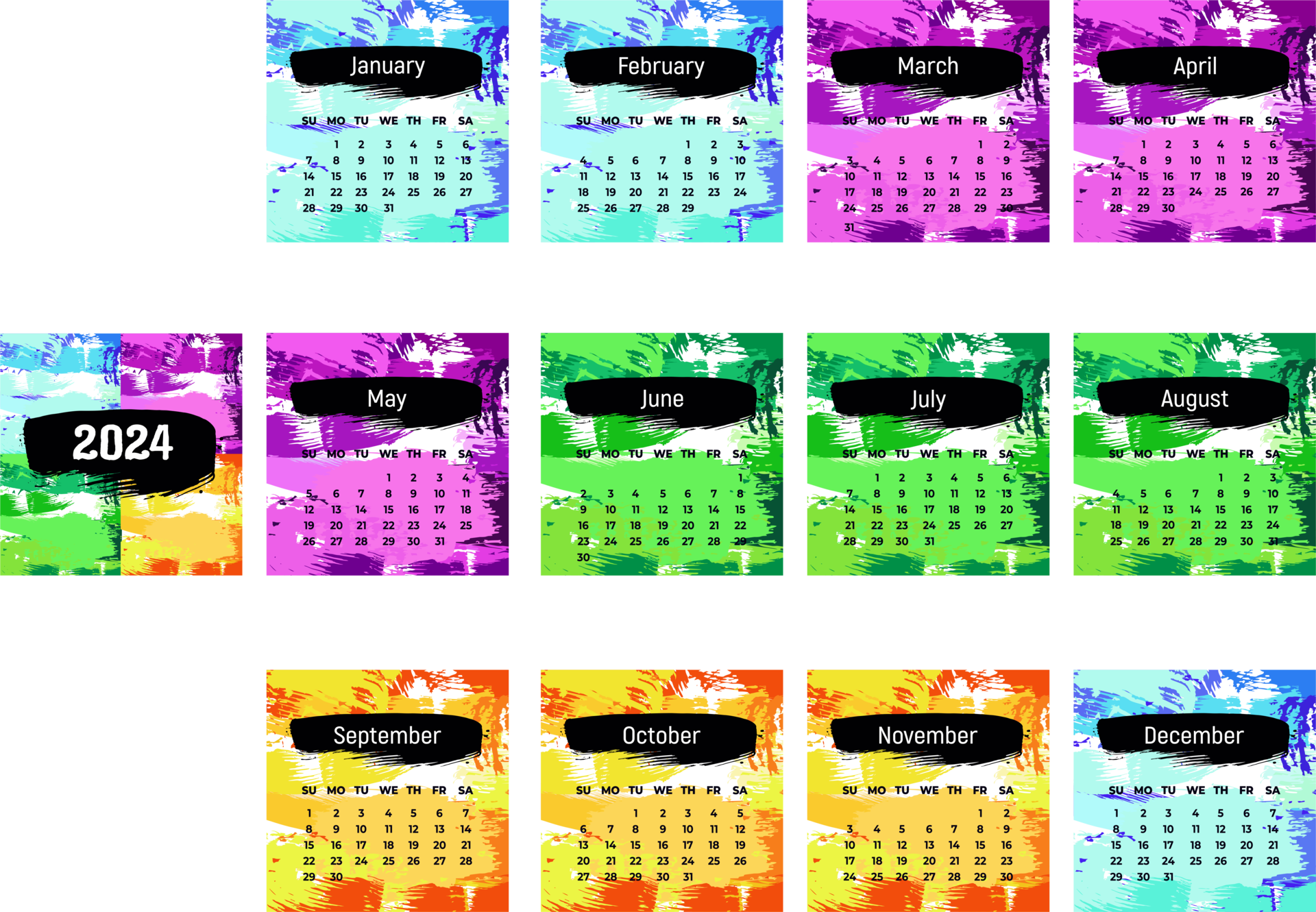 uppsättning av sidor för 2024 ny år. fyrkant kalender planerare för