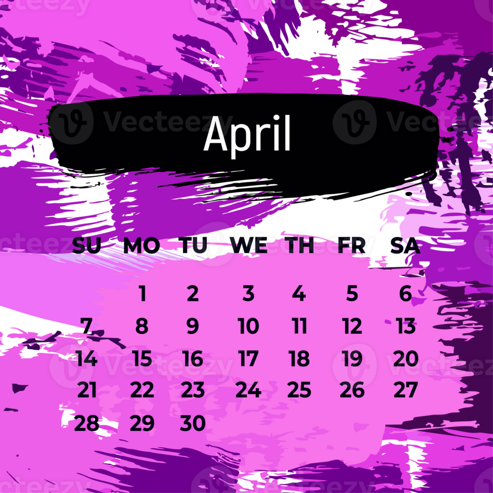 Page for April 2024 year. Square calendar planner for a month. Purple background. Design template for layout png