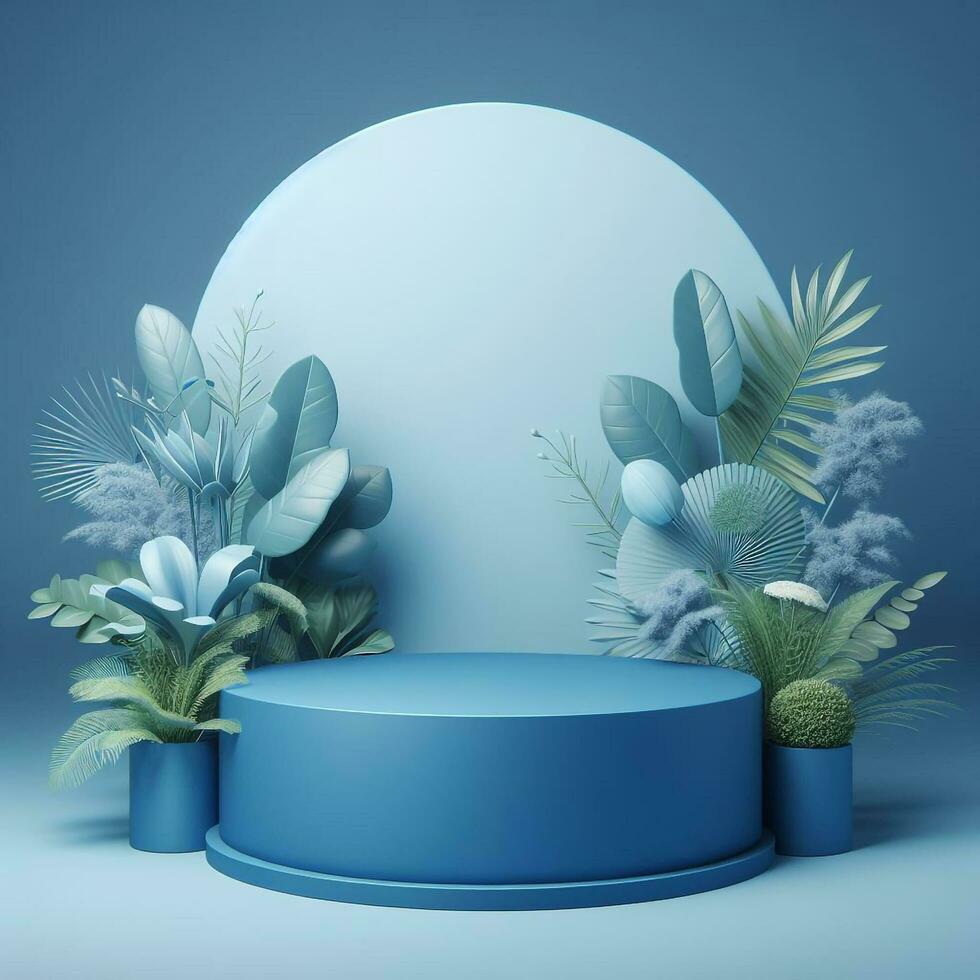 AI generated Round Podium For Product Advertising Stand Exhibition with Blue Background with Foliage photo