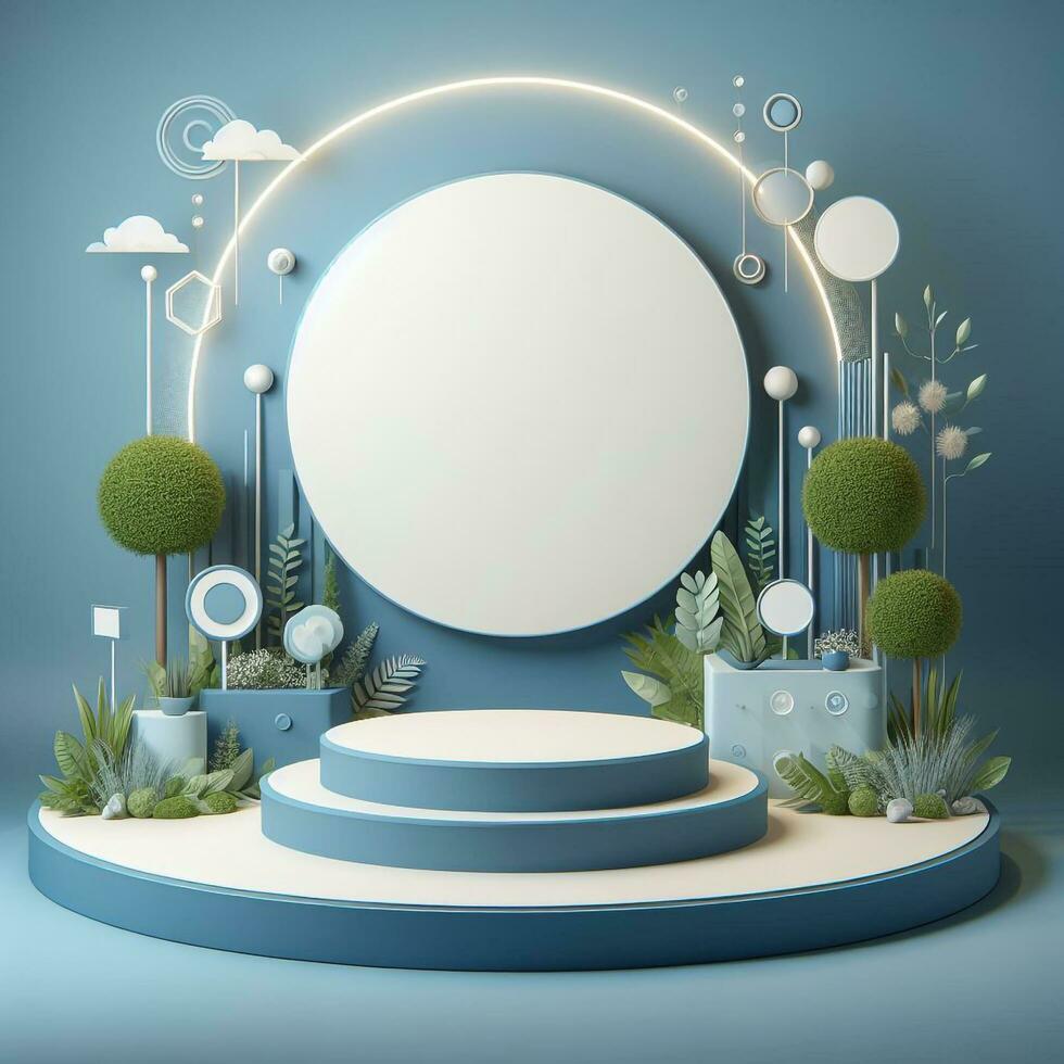 AI generated Round Podium For Product Advertising Stand Exhibition with Blue Background with Foliage photo