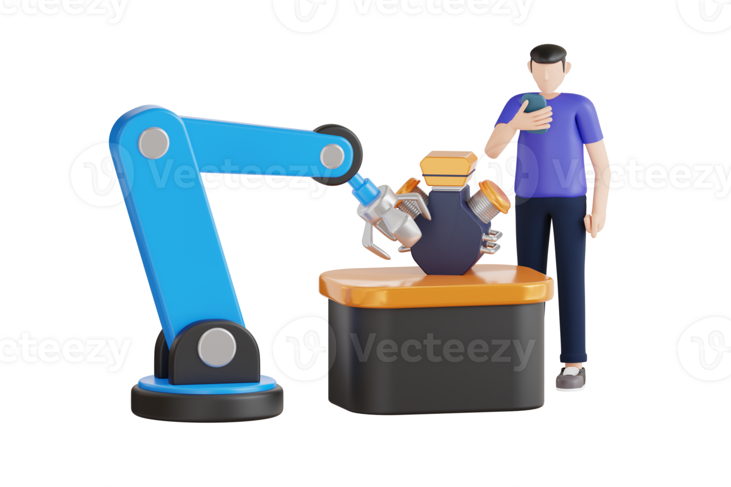 3D Illustration of Technician controlling robotic arm with smartphone. Production automation 3d illustration. robotic production concept png