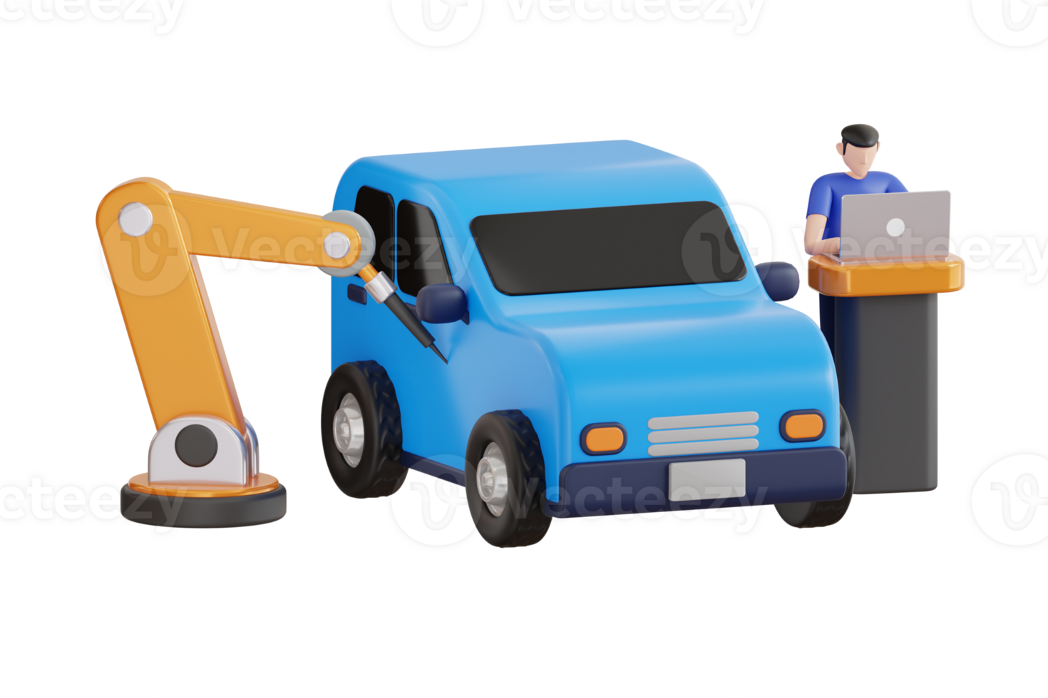 Industrial robot arm repair a car 3d illustration. Process of automated car production. 3D Illustration png