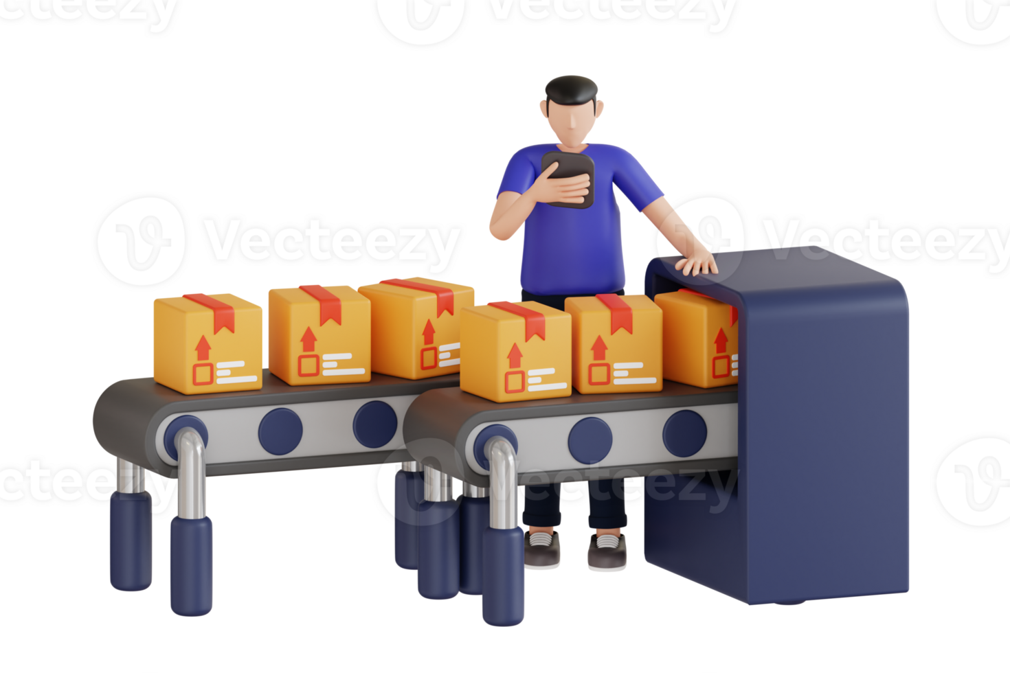 3d illustration of Cardboard boxes on a conveyor belt. Warehouse workers controlling automated robotic line via smartphone device png
